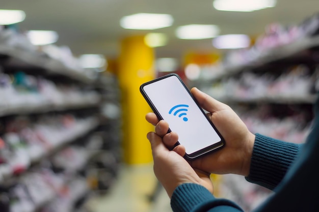 Free internet in the supermarket Man holds a mockup of a smartphone with an icon on a white screen against the background of a fashionable clothing boutique