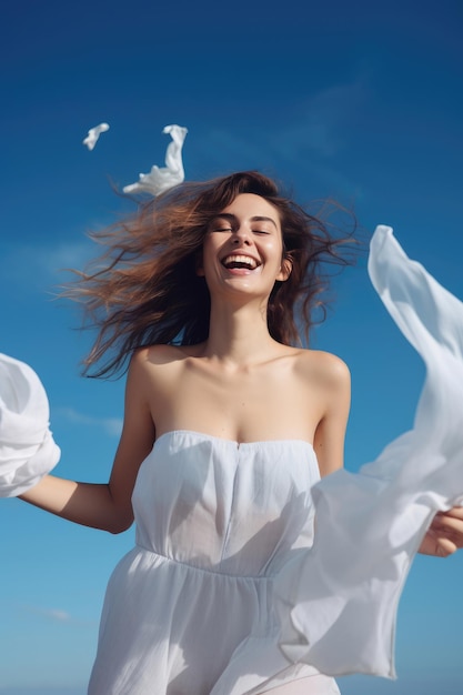 Free laughing young woman against the blue sky