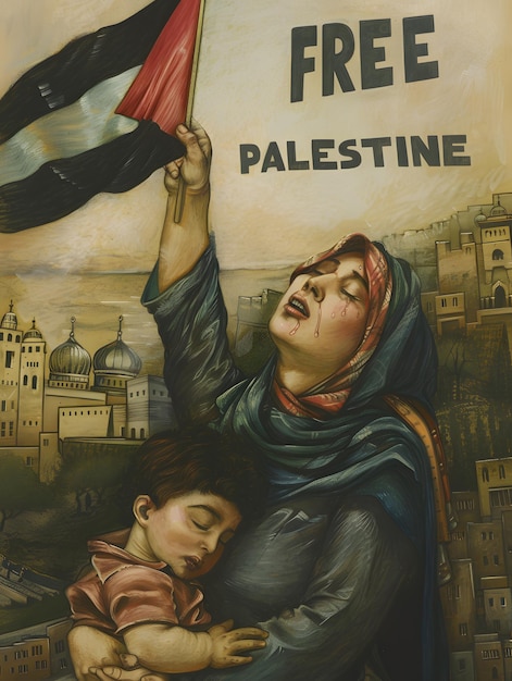 Free Palestine Save Gaza Mother embraces child in Palestine flag crying for freedom