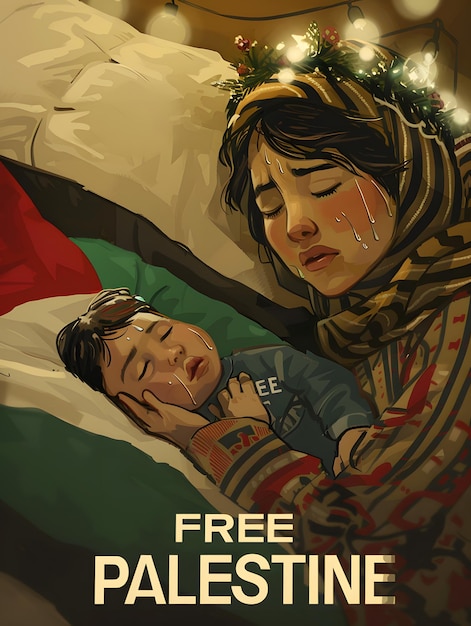 Free Palestine Save Gaza Mother embraces child in Palestine flag crying for freedom