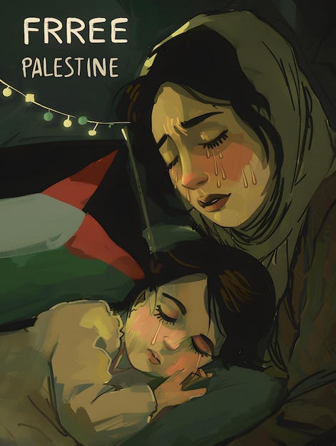 Free Palestine Save Gaza Mother embraces child in Palestine flag crying for freedom