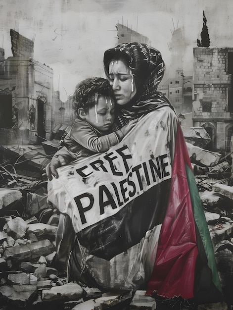 Free Palestine Save Gaza Mother embraces child in Palestine flag crying for freedom