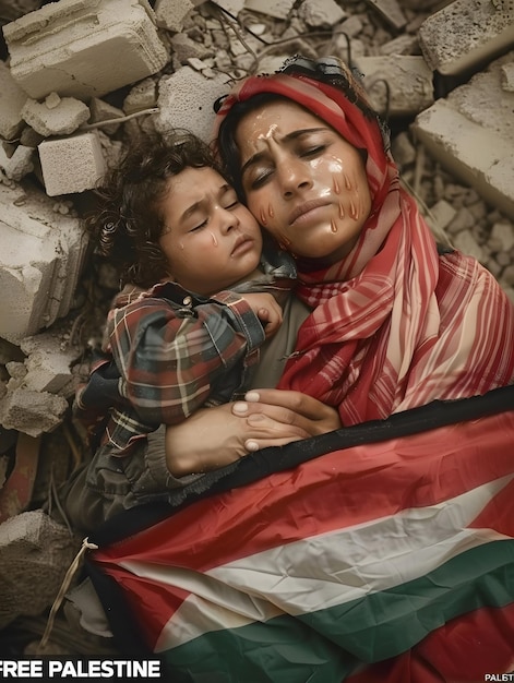 Free Palestine Save Gaza Mother embraces child in Palestine flag crying for freedom