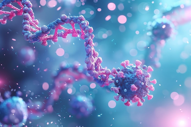 Free photo 3d medical background with virus cells and DNA strands