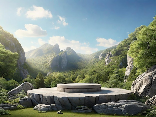 Free Photo 3d render of granite stone podium in the forest with mountain background