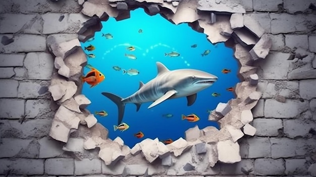 a free photo of 3d rendered fish on the wall