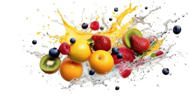 Free photo Assorted fresh fruits with water splashes on white background generative AI