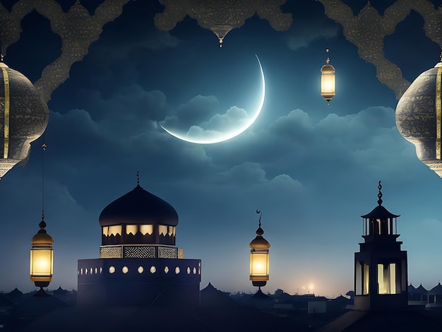 Free photo background eid mubarak Moroccan lamp in dark moon ai generated