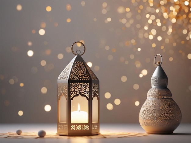 Free Photo Background Ramadan Kareem Eid Mubarak Royal Moroccan Lamp Mosque with Fireworks