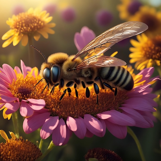 Free photo beautiful bee realistic background field of colored flowers ai generated