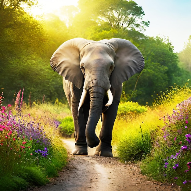 Free photo beautiful elephant on a gravel pathway surrounded by green grass and trees