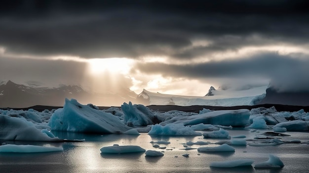 Free photo beautiful jokulsarlon glacier lagoon in iceland with sun beams from a dark cloudy sky generat ai