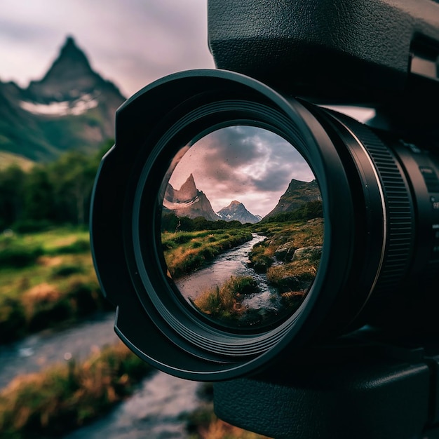 Free photo A closeup of a professional camera lens with reflections of a scenic view in the glass