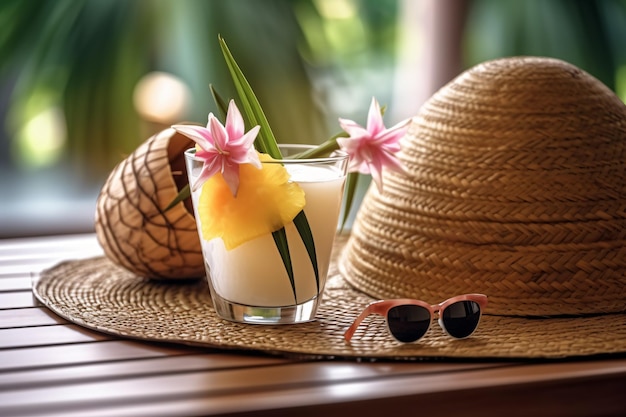 Free photo coconut cocktail decorated plumeria straw hat and sunglasses on the table photography