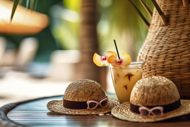 Free photo coconut cocktail decorated plumeria straw hat and sunglasses on the table photography