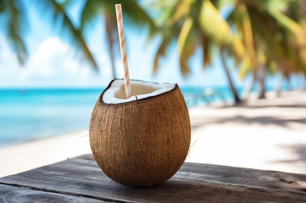 Free photo coconut cocktail with drinking straw on a palm tree in the beach photography