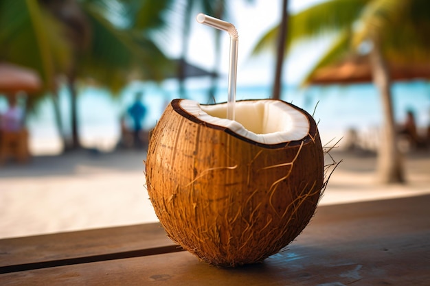 Free photo coconut cocktail with drinking straw on a palm tree in the beach photography