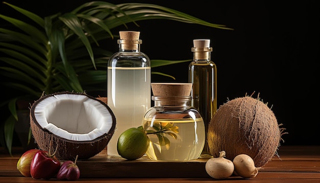 free photo of coconut oil in a bottle with coconuts and rotated green palm leaf on brown background