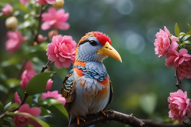 Free photo a colorful bird sits on a branch in the forest