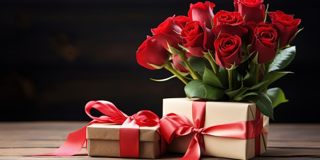 Free photo composition for valentine day with a gift box and a bouquet of roses