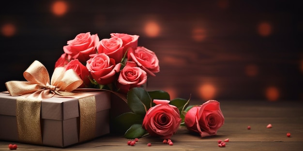 Free photo composition for valentine day with a gift box and a bouquet of roses