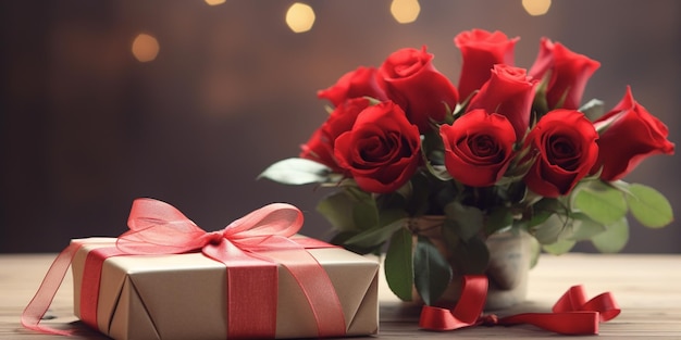 Free photo composition for valentines day with a gift box and a bouquet of roses