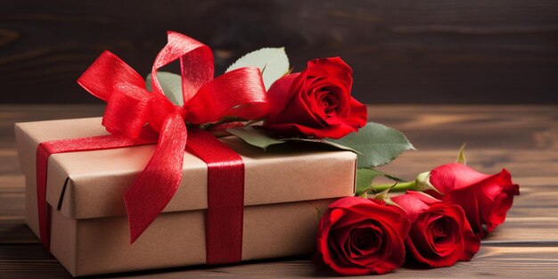 Free photo composition for valentines day with a gift box and a bouquet of roses