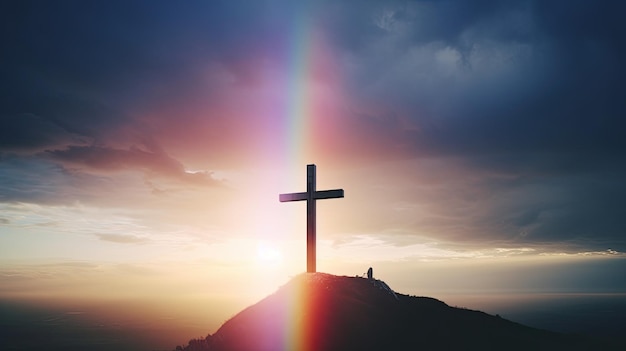 Free photo of a cross with a cloudy blue sky and rainbow