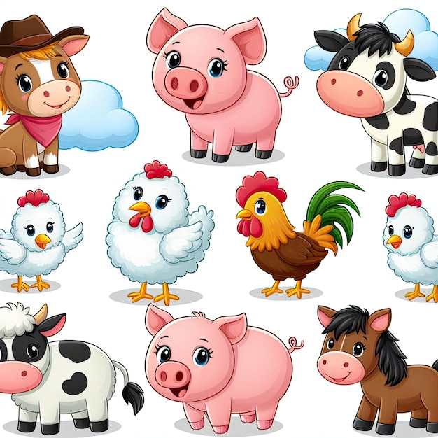 Free photo cute cartoon of happy farm animals cute pig sheep cow hen rooster horse illustration for