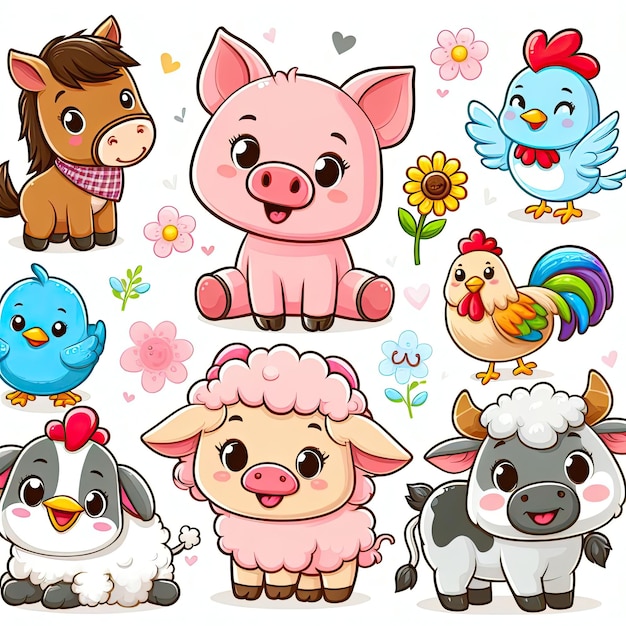 Free photo cute cartoon of happy farm animals cute pig sheep cow hen rooster horse illustration for