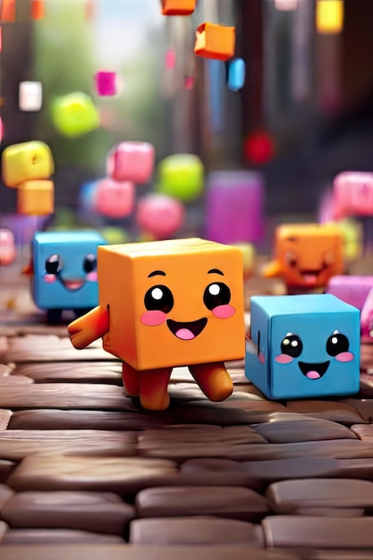 Free photo Cute colorful cubes bouncing on the ground Smiling while their arms and legs hang out