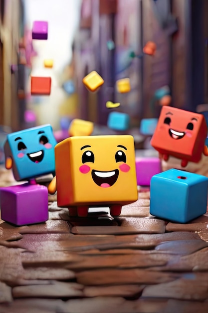 Free photo Cute colorful cubes bouncing on the ground Smiling while their arms and legs hang out