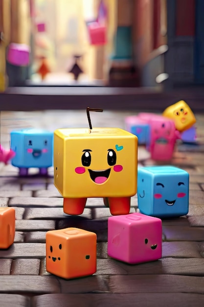 Free photo Cute colorful cubes bouncing on the ground Smiling while their arms and legs hang out