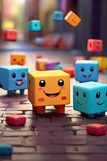 Free photo Cute colorful cubes bouncing on the ground Smiling while their arms and legs hang out an