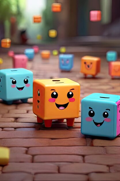 Free photo Cute colorful cubes bouncing on the ground Smiling while their arms and legs hang out an