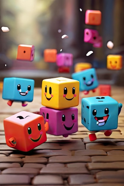 Free photo Cute colorful cubes bouncing on the ground Smiling while their arms and legs hang out an