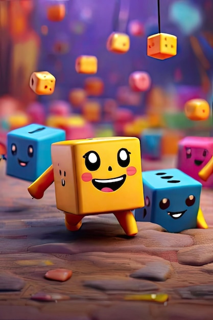 Free photo Cute colorful cubes bouncing on the ground Smiling while their arms and legs hang out an