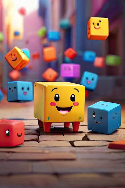 Free photo Cute colorful cubes bouncing on the ground Smiling while their arms and legs hang out an