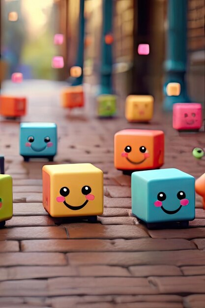 Free photo Cute colorful cubes bouncing on the ground Smiling while their arms and legs hang out an