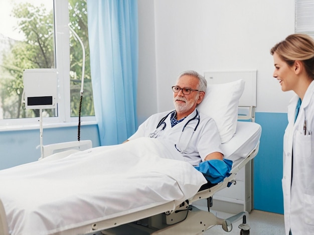 Photo free photo doctor standing in hospital room with patient bed