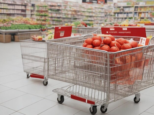 Free photo Empty shopping cart with blur supermarket aisle and product shelves