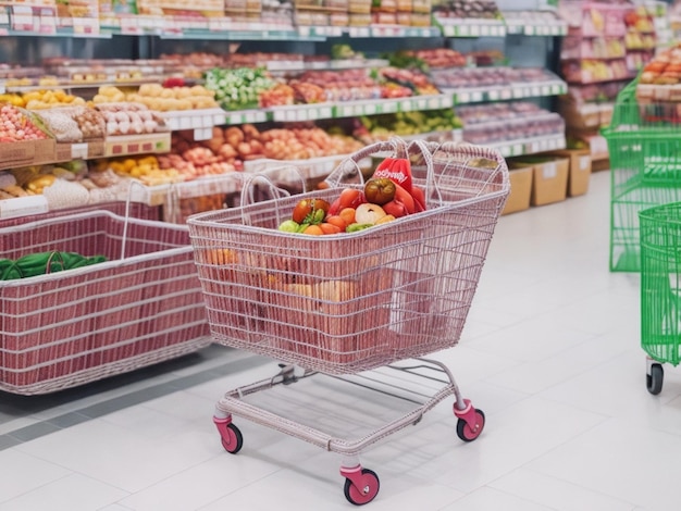 Free photo Empty shopping cart with blur supermarket aisle and product shelves