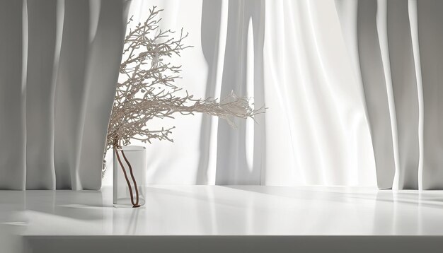 Free Photo Empty white counter table soft smooth blowing sheer fabric curtain drapery tree branch