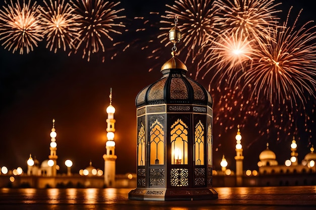 Free photo free photo ramadan kareem eid mubarak royal elegant lamp with mosque holy gate with firew