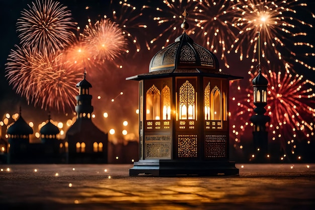 Free photo free photo ramadan kareem eid mubarak royal elegant lamp with mosque holy gate with firew