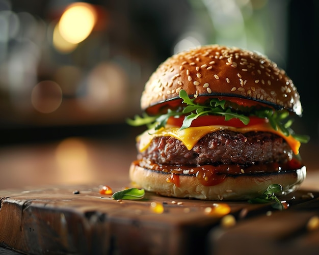 Free photo front view burger on a stand with a bun and cheese on it is sitting on a table