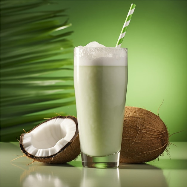 Free photo front view coconut milk green coconut raw straw