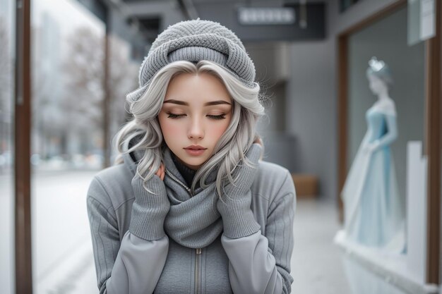 Free photo frozen woman in grey clothes