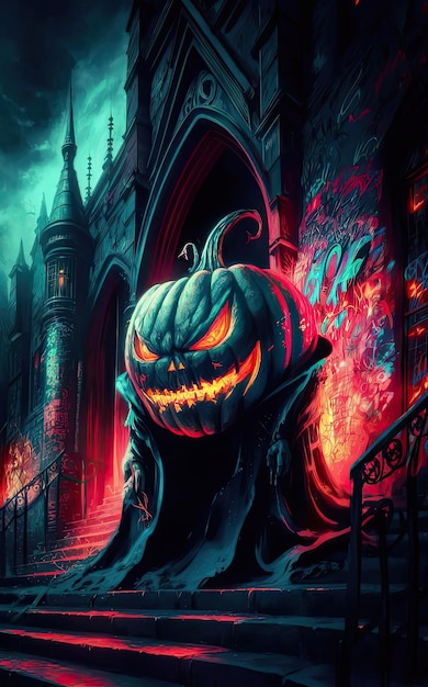 Free photo gloomy castle with smiling pumpkins at halloween night