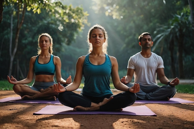 Free photo group of young yogi people sitting in sukh